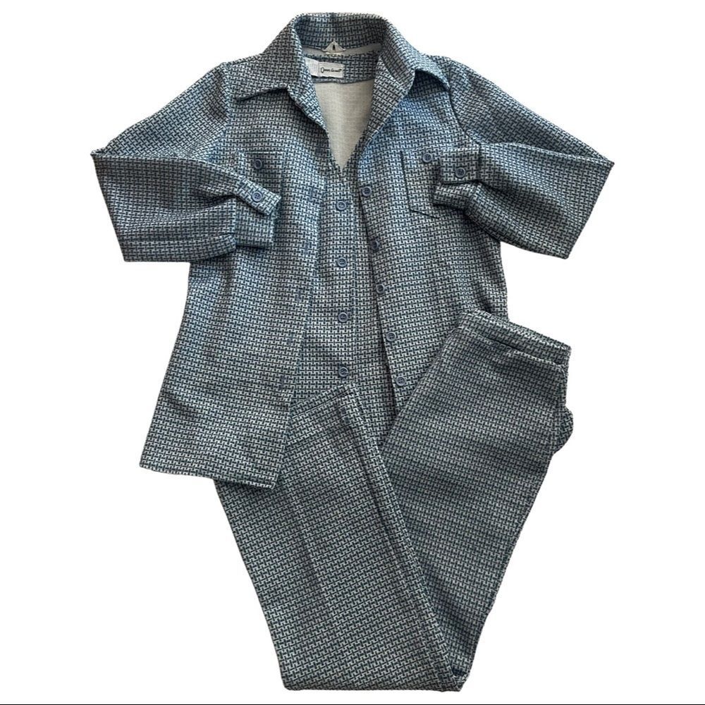 VINTAGE 60s-70s Queen Casuals Polyester 3 Piece Pant Suit Blue